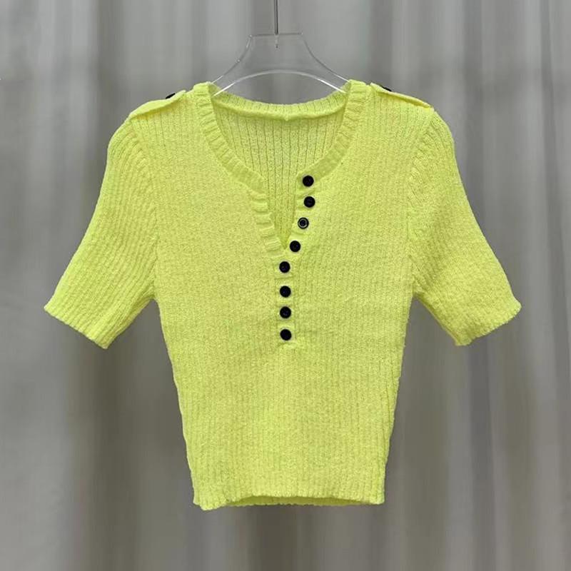 

Candy Color V-neck Tie Buckle Short Section Knit Shirt Summer Thin Slim Slim Hundred Small Shirt Tops Female Casual Essential Slim Fit Pullovers Tees One size жовтий