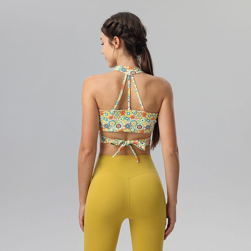 Halterneck Cross Strap Printing Yoga Clothing Top Women's Sexy Beauty Strap Chest Pad Fixed One-Piece Cup Sports Vest
