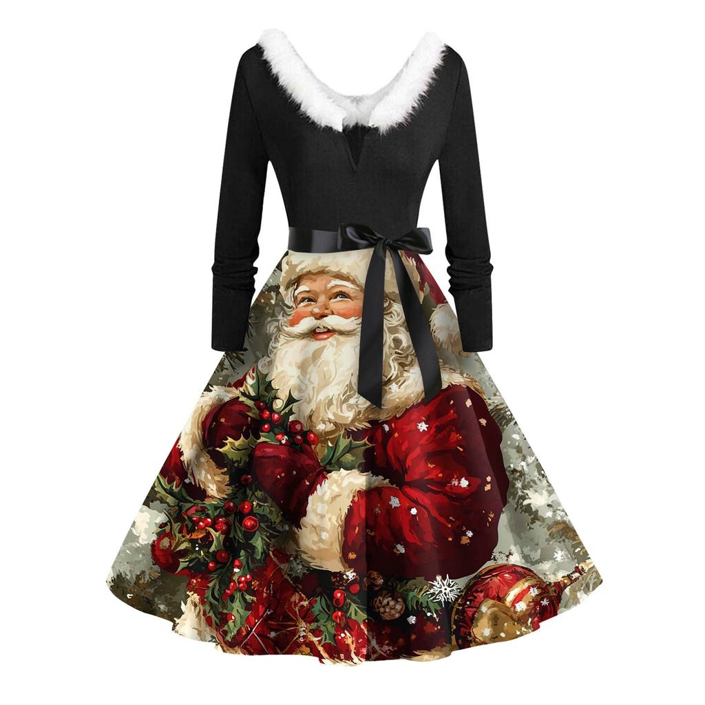Damen Casual Fashion Langarm Weihnachten Grafik Bedruckte Vintage Lange Kleider