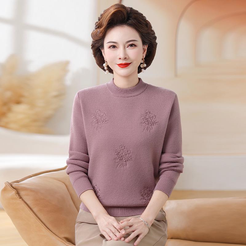 Fleece-Lined Knitted Sweater: Warm Winter Base Layer for Middle-Aged and Elderly Women