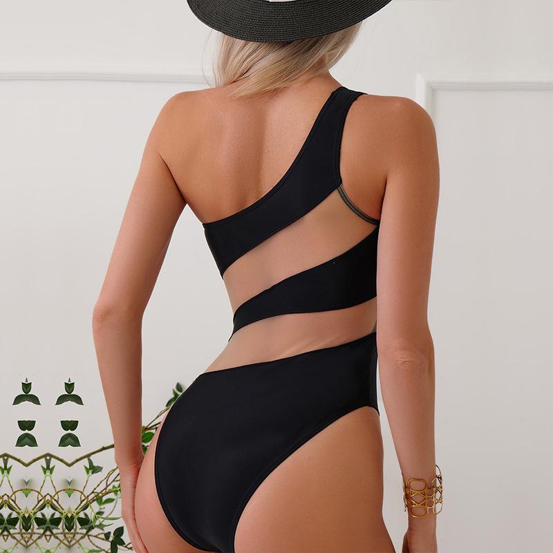 2023 European & American Women's One-Shoulder Swimsuit - Sexy Solid Color Patchwork Fashion