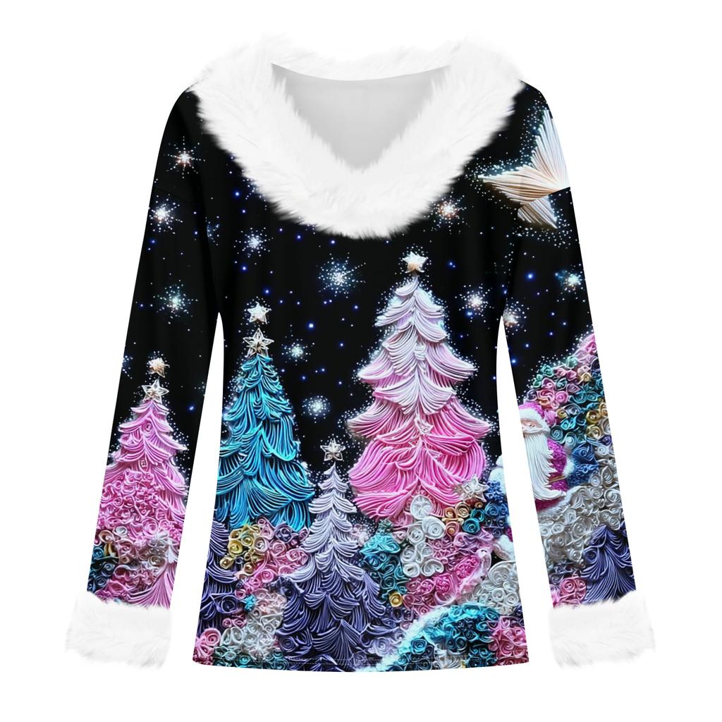 Women's Fashion Long Sleeve Christmas V-Neck Printed Party Furry Top