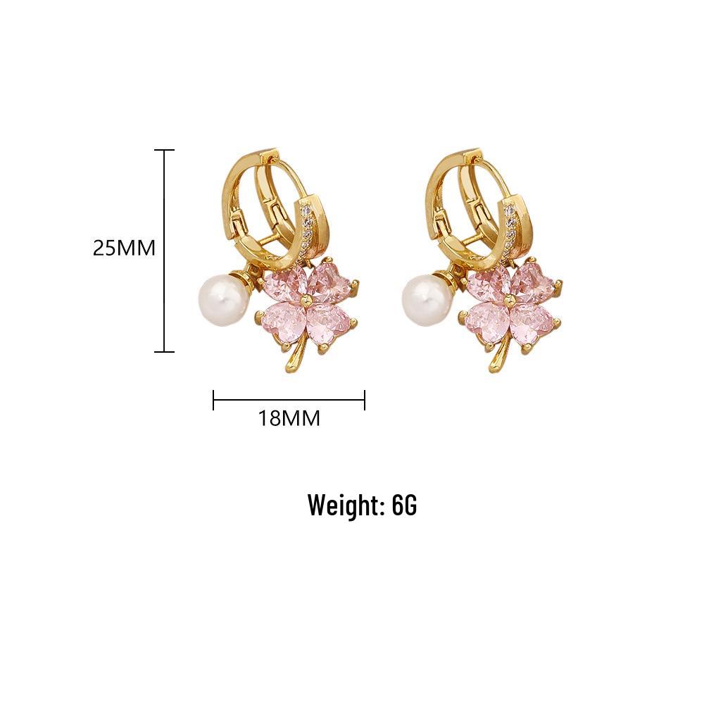 Pink Zircon Pearl Four-Leaf Flower Earrings - Elegant and Sweet Ear Clips