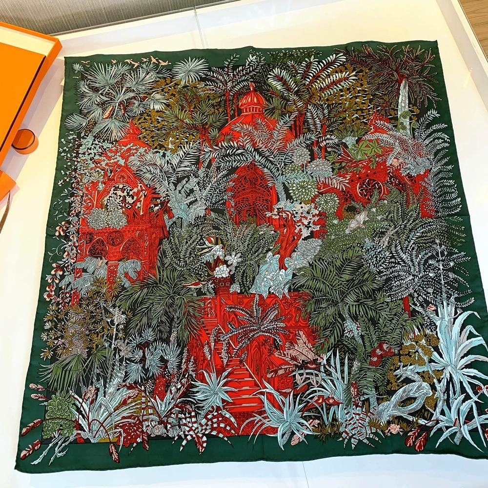 

90СМ Шарф из твила ручной работы Женский Высококачественный Квадратный Шарф с Принтом Леса и Замка Эшарпы Фуляр Палантин Бандана 90x90cm