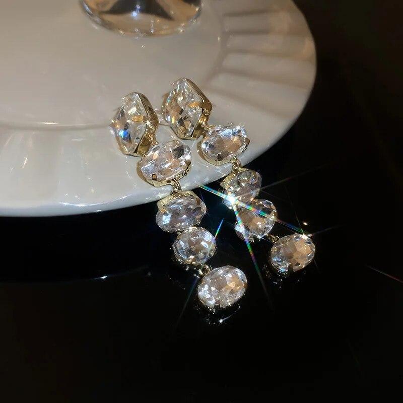 Shiny Colorful Rhinestone Long Tassel Earrings Women Fashion Geometric Square Drop Dangle Earrings Party Wedding Jewelry Gift K0