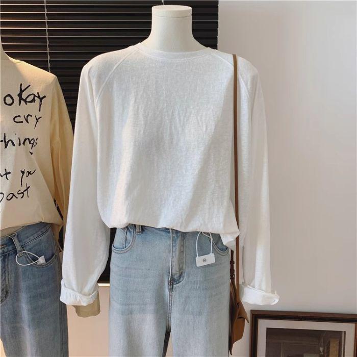 

Women s Korean Style Loose Fit Solid Raglan Long Sleeve T-Shirt for Spring and Autumn 2X Large белый