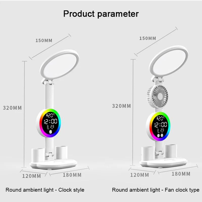 Dobíjecí stolní lampa na studium, Stolní lampa Světlo na čtení LED stolní světlo s ventilátorem, LED displej hodin Lampa na čtení