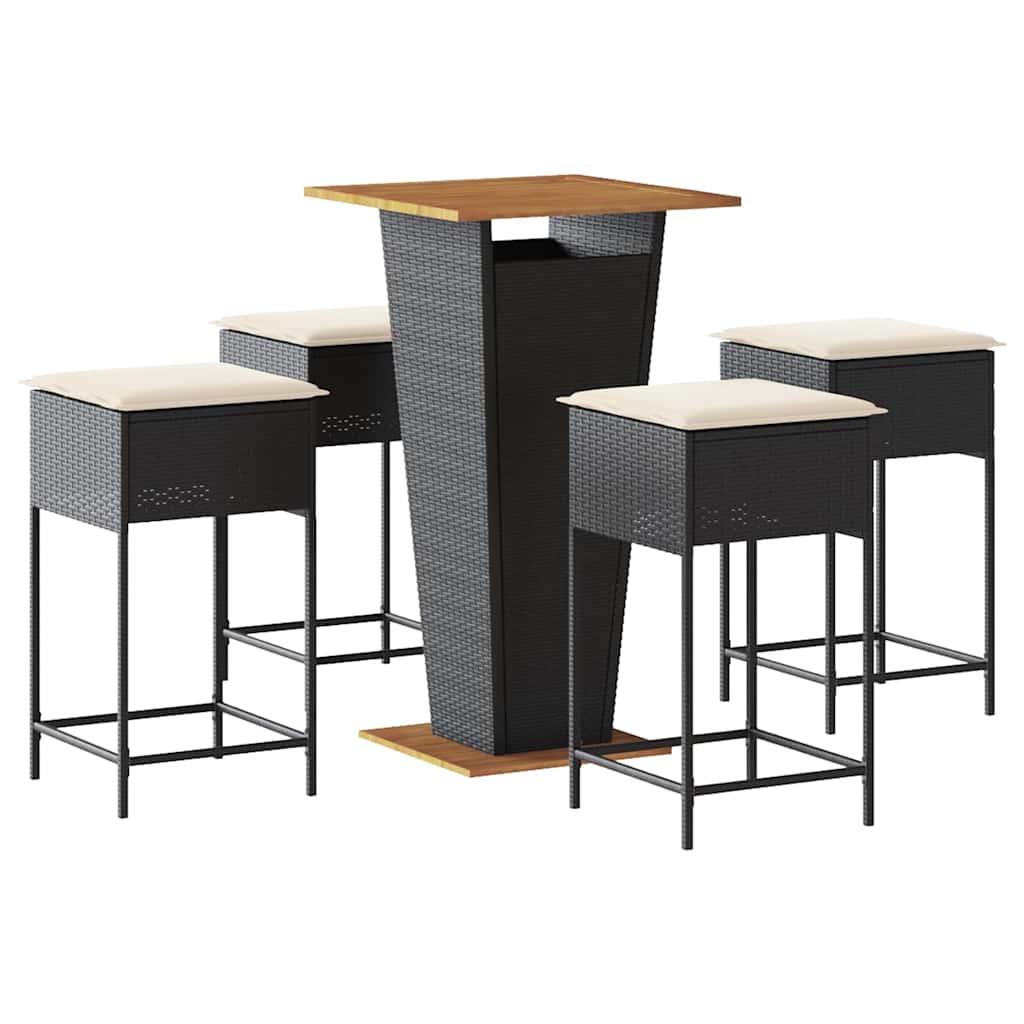 5 Piece Garden Bar Set with Cushions Black Poly Rattan
