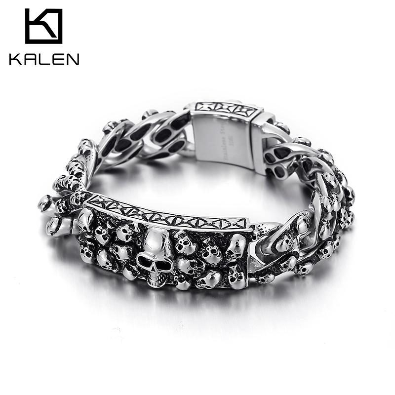 Gothic Skull Pattern Men's Bracelets On Hand Vintage Punk Stainless Steel Jewelry 230mm Chunky Skull Ghost Bracelet