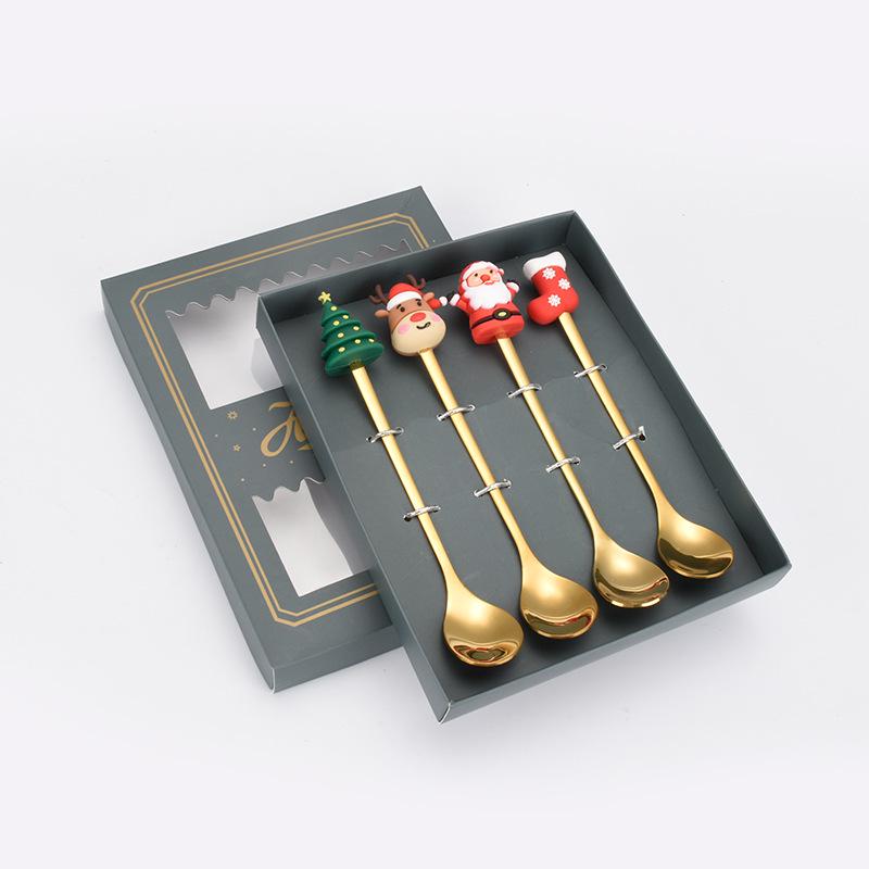4Pcs Christmas Gift Glod Spoon Fork Set Elk Christmas Tree Decoration Dessert Scoop Fruit Fork Coffee Spoon Cutlery Set