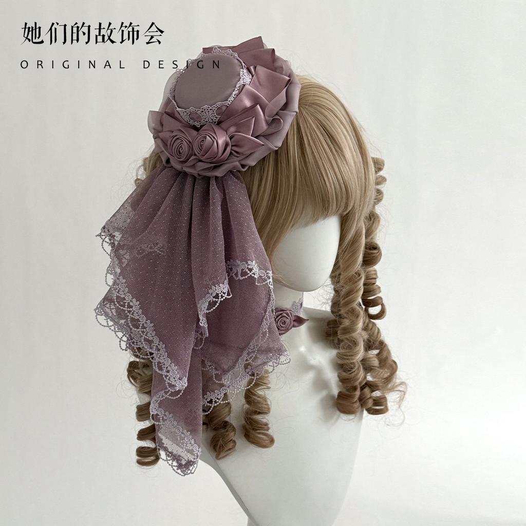 Hairpin Pair Flower Maru Veil Bow Lace Purple Headband Flat Cap Handmade Small Lolita Hair Accessories