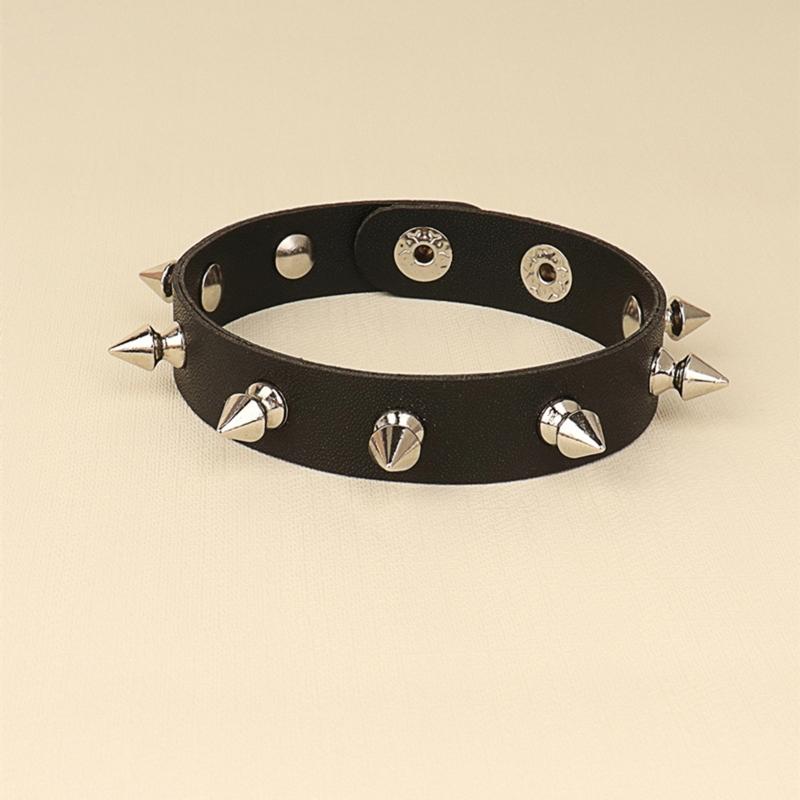 Spiked Studded Bracelet Black Leather Rivets Punk Bracelet Cuff Wrap Bangle Metal Snap Button Wristband for Men Women