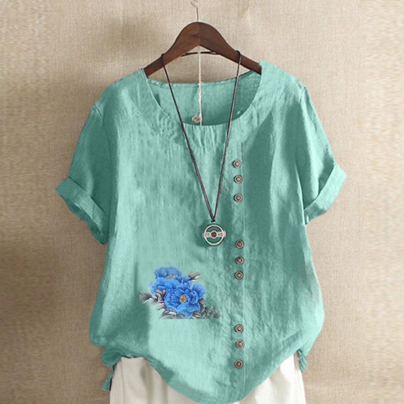 Women's Fashion Round Neck Short Sleeve T-shirt Casual Cotton Linen Graphic Shirt Leisure Loose Blue Flower Prined Summer Blouse Tops