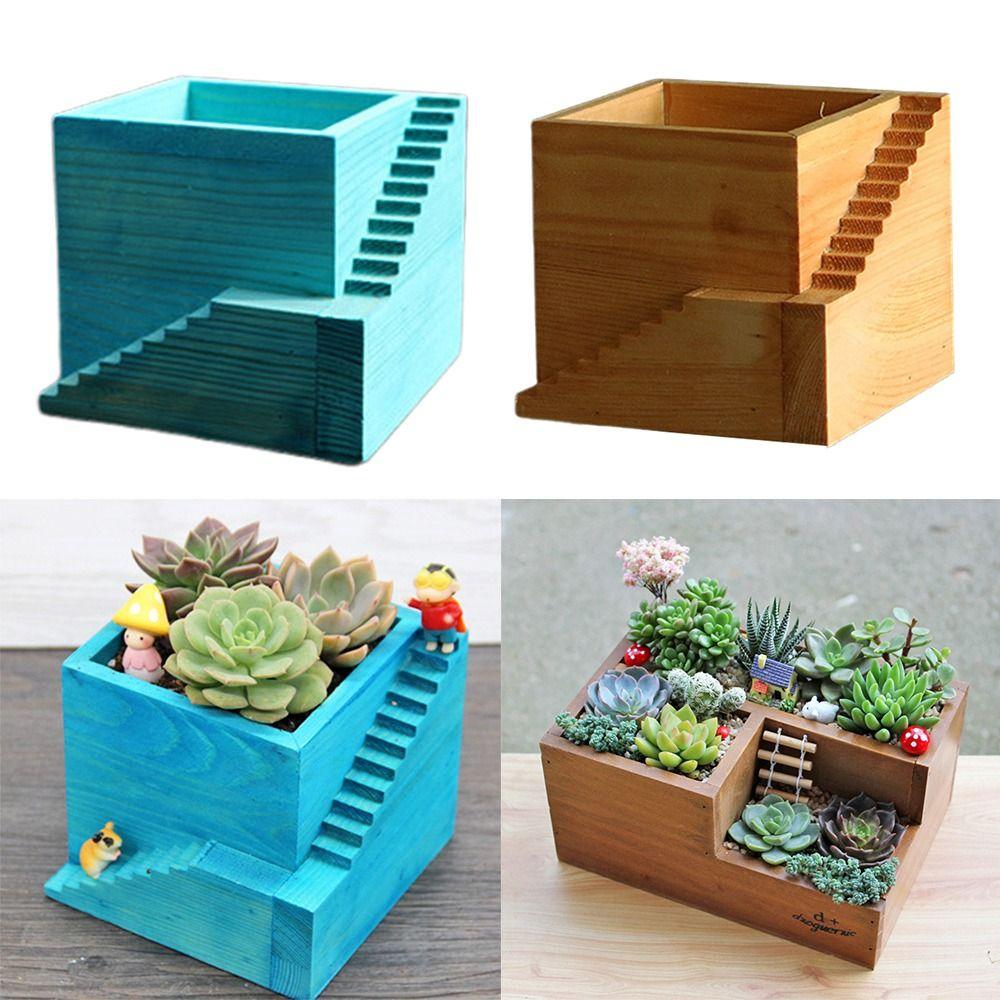 Multifunctional Succulent Flowerpot Yellow Blue Wood Desktop Sundries Organizer Cuctus Planter Box Finishing Box Storage Box