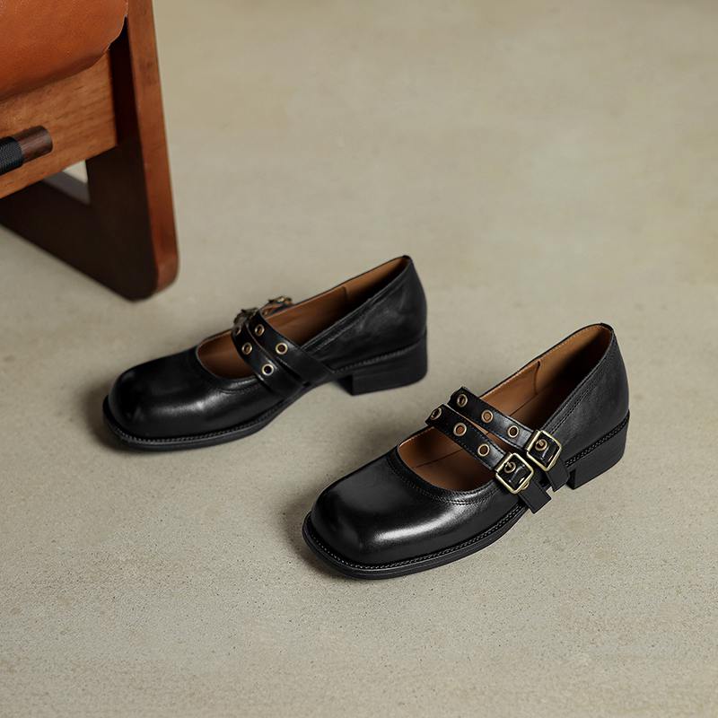 Krazing Pot Cow Skin Spring Summer Size 40 Loafers Thick Med Heels Metal Buckle Women Round Toe Leisure Pumps