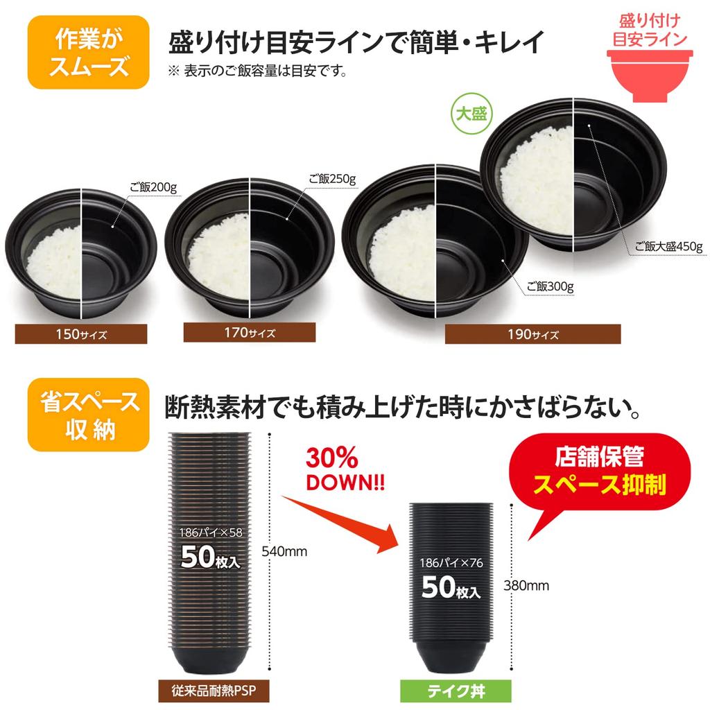 Risupack Disposable Made In RHDT741 Take-Out Bowls, 150cm, Black, 50-Pack, Japan,