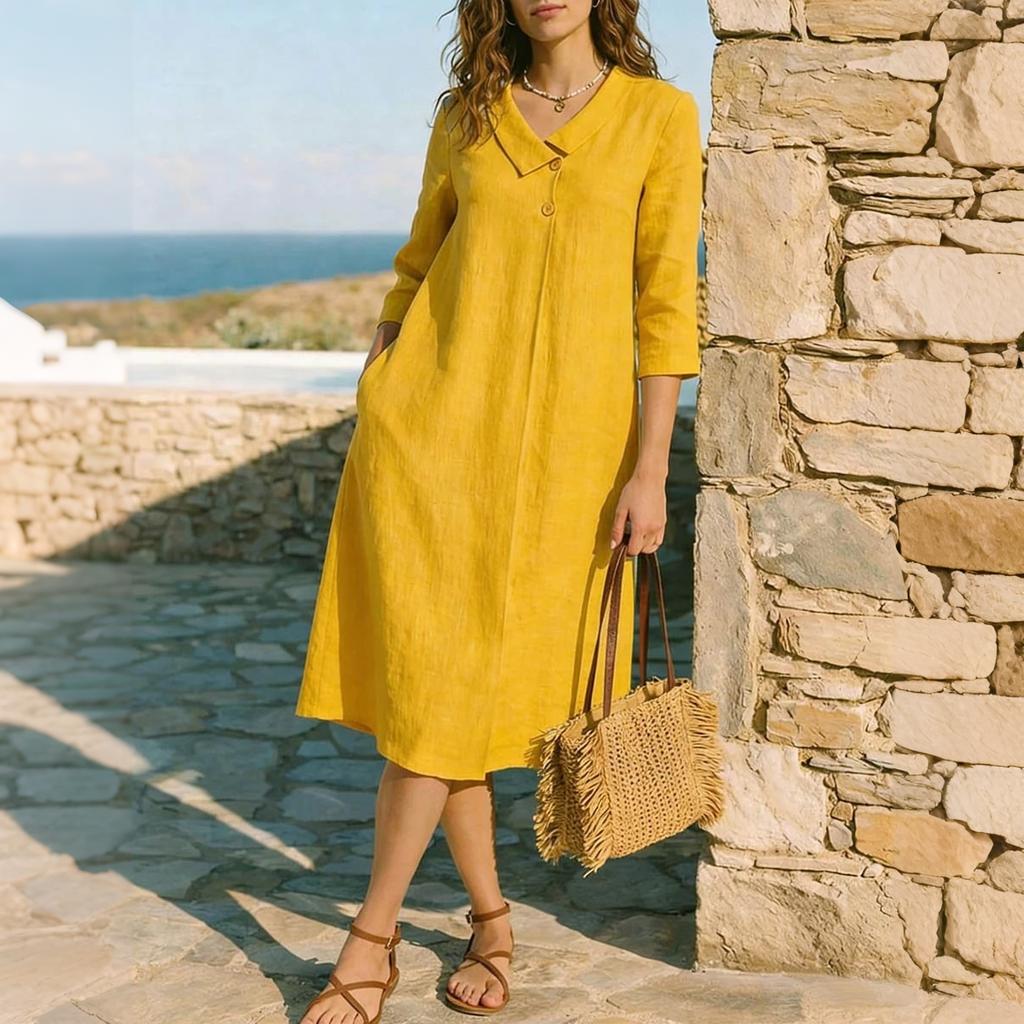 Women Style Lapel Collar Midi Dress Linen Three Quarter Sleeve A Line Vacation Dress with Pockets