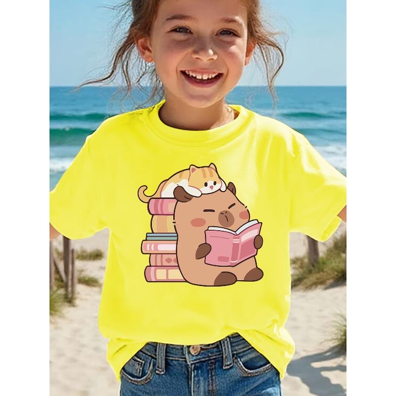 European Size Girls Round-neck Short-sleeved T-shirt with Cartoon Cat Reading Book and Kabbalah Pattern