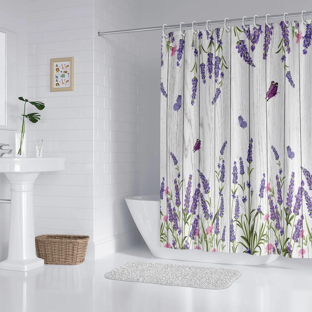 1 Piece 180X180Cm Natural Floral Purple Lavender Pattern Printed Shower Curtain Partition Bathroom Waterproof And Mildew Proof