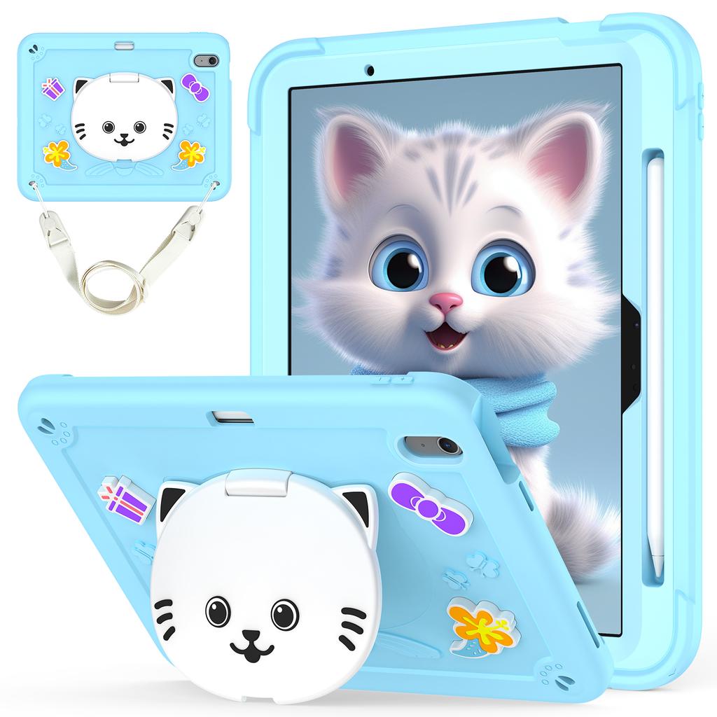 For iPad Air 11 (2025)/(2024) Case PC + Silicone Tablet Cover with Cat Kickstand/Shoulder Strap