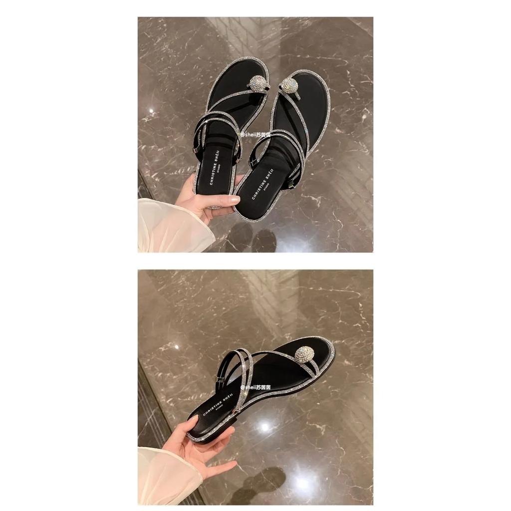 Sandales d'été pour femmes, nouvelle mode, sandales de plage, pantoufles plates à strass, sandales de luxe, chaussures de créateurs pour femmes