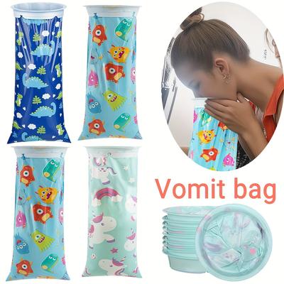[12 sacs à vomi jetables] 12 sacs à vomi jetables portables en PE anti-fuite avec dessin animé, sacs d'urgence pour vomissements dus au mal des transports pour voyage en voiture, avion