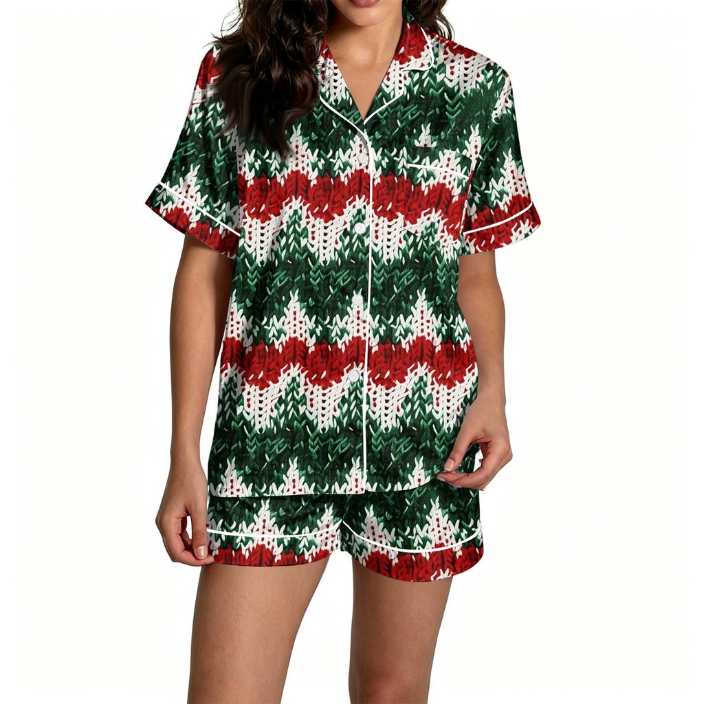 Women's Christmas Pajama Set Short Sleeve Button Down Shirt and Shorts Sleepwear Set