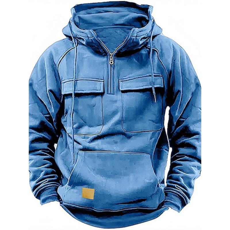 Men's Hooded Solid Color Multi-Pocket Leather Patch Sweatshirt - European & American Style, Spring/Fall Collection.