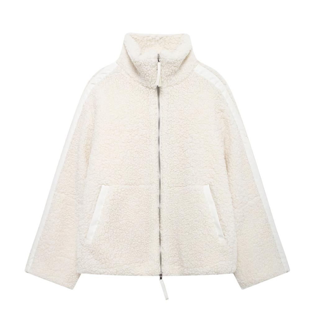 Giacca Cardigan da Donna Versatile Larga con Collo Rialzato in Velluto Teddy e Zip Doppia, Stile Europeo e Americano