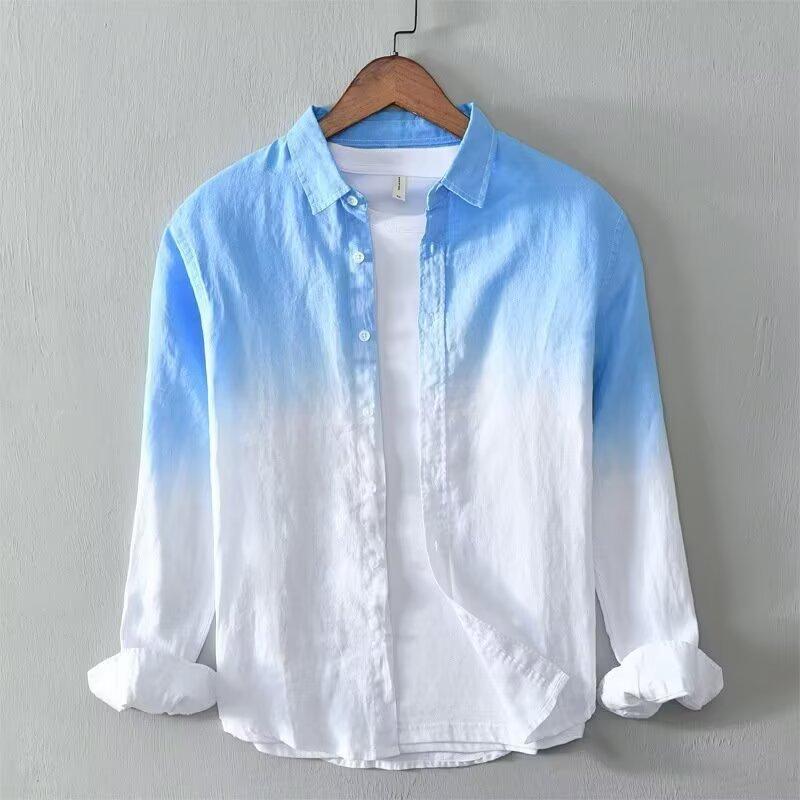 

Men s Blue White Gradient Tie Dye Long Sleeve Shirt - Oversized Casual Linen Blend Button Down 2XL світло-синій колір