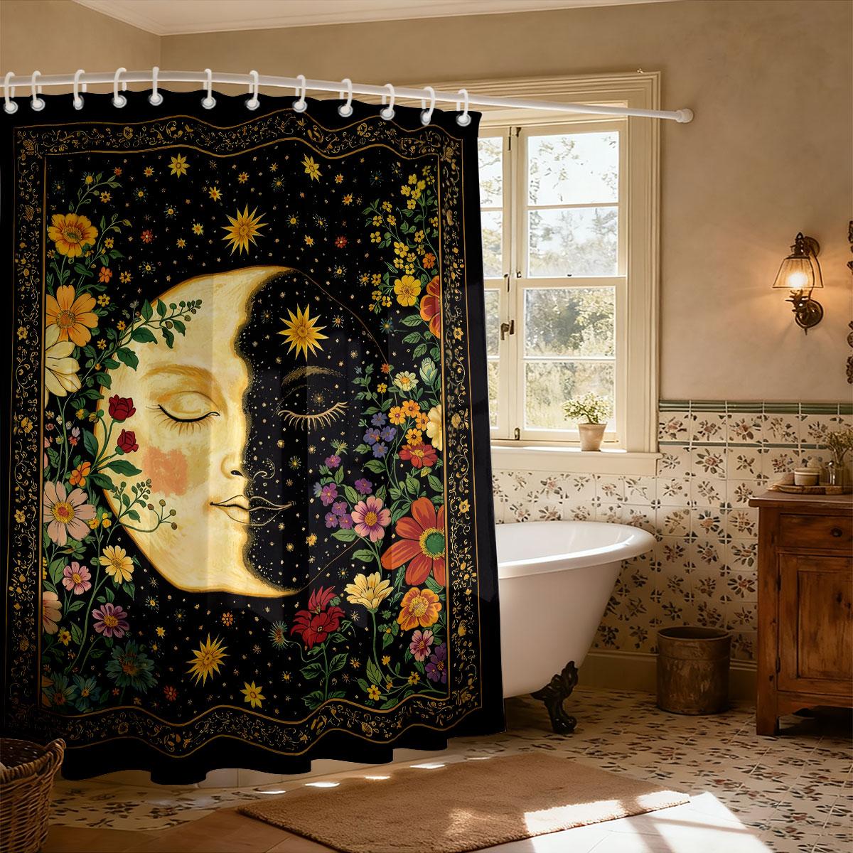 

1Pc Moon Flower Printed Waterproof Shower Curtain Partition Privacy Hanging Curtain Multiple Sizes 12 Hooks W60H190(CM)-1 Pcs