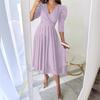 2024 Women's Solid Color Pleated Waist Three-quarter Sleeve Swing Dress