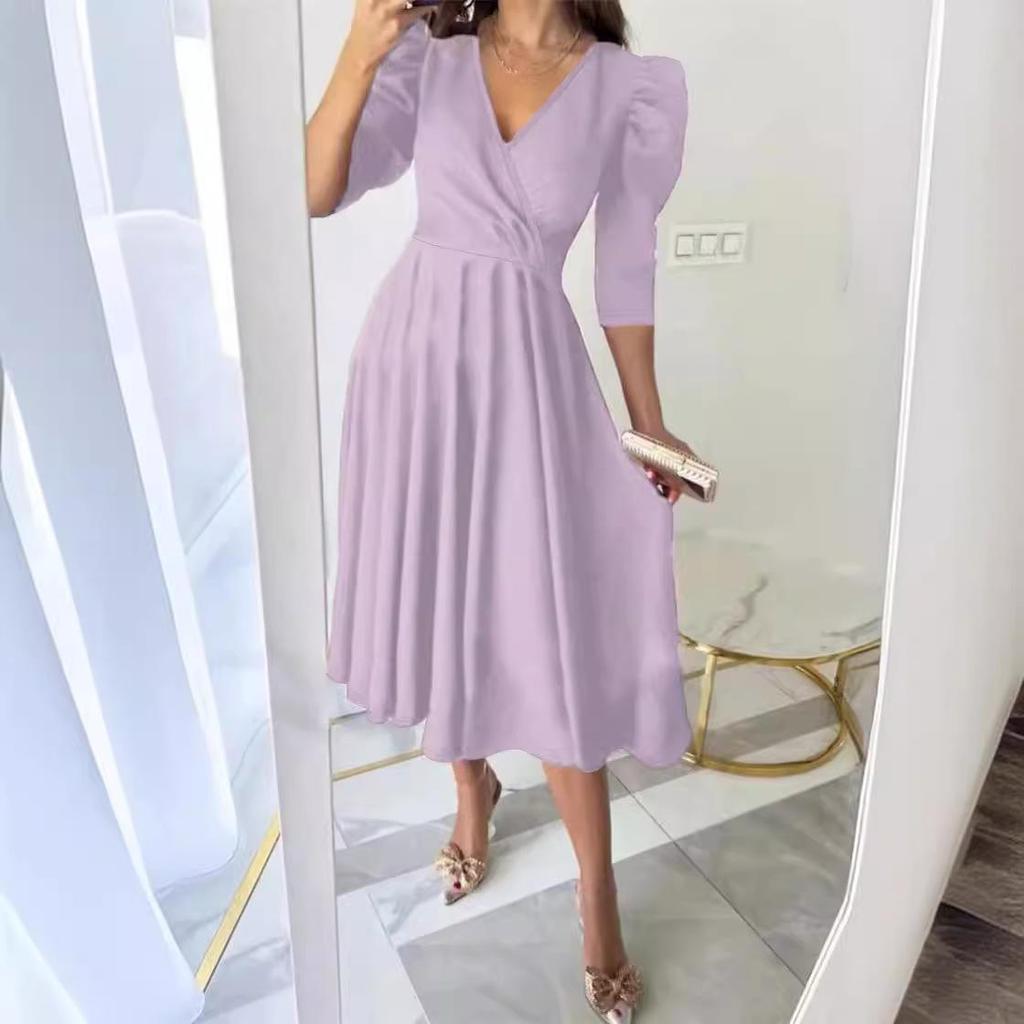 2024 Women's Solid Color Pleated Waist Three-quarter Sleeve Swing Dress