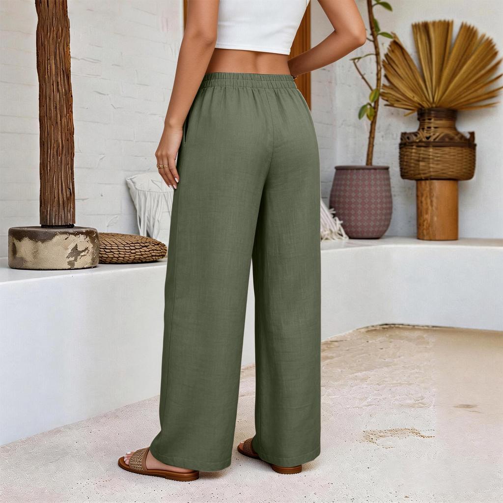 Damen Baumwolle Leinen Bequem Farbe Locker Elastischer Bund Lässig Weites Bein Hose