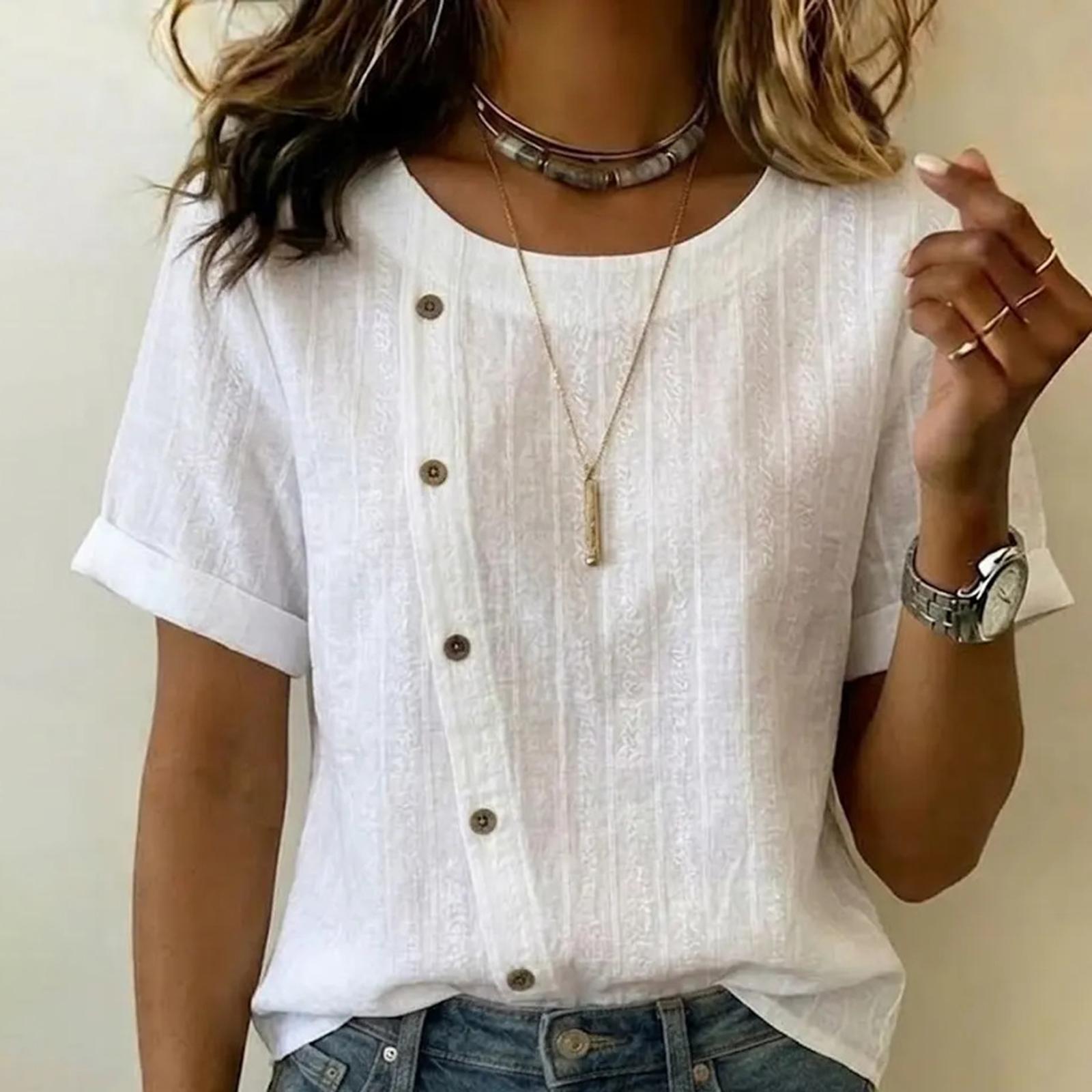 Women s Fashionable And Casual Button Decoration Cotton And Linen Short Sleeved Top XXL белый