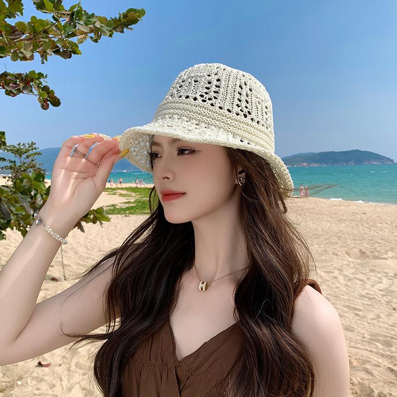 Summer breathable hollow straw knitted bucket hat women