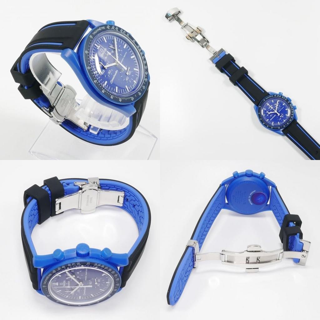 Swatch X Omega Compatible Rubber Strap with Type D-buckle, Double-line (black/blue Lines)