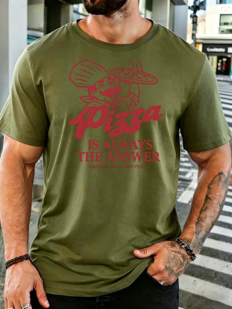 Old School Pizza Chef Graphic Pizza Is Always The Answer Mens Light Cotton Short Sleeve Loose Fit Food Lover Casual Tshirt