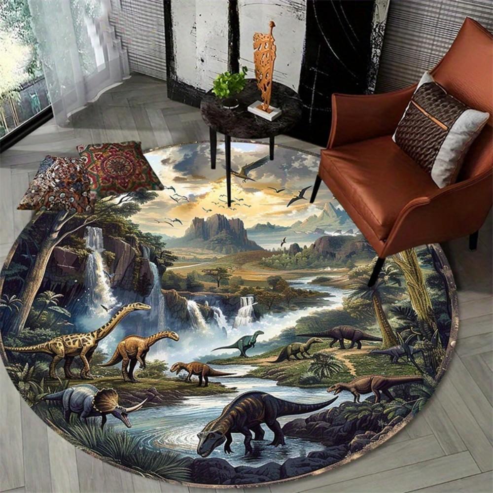 VIKAMA 3D dinosaur printed circular carpet, anti slip floor carpet in chair and table areas, children s game room decoration Diameter 60cm