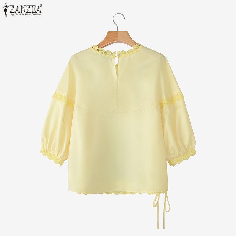 ZANZEA Women Lace Splice Round Neck Floral Print Casual 3/4 Sleeve Blouse