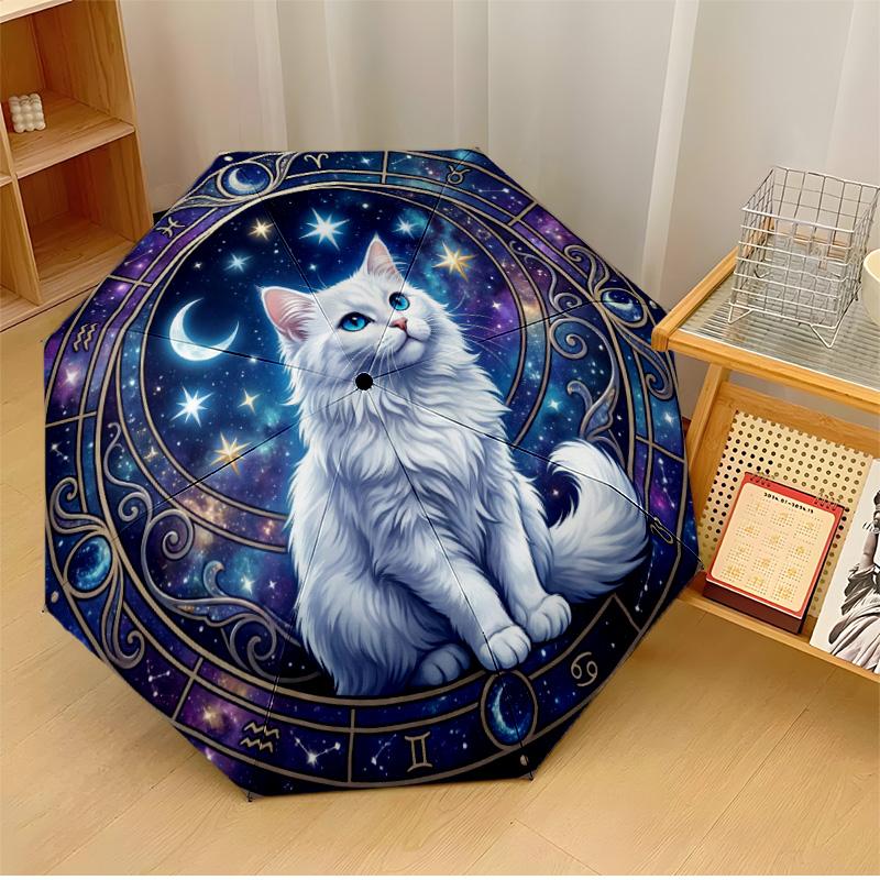 

White Cat Naps on Wooden Bench in Autumn Printed umbrella windproof folding umbrella portable sun and rain umbrella suitable for gifting