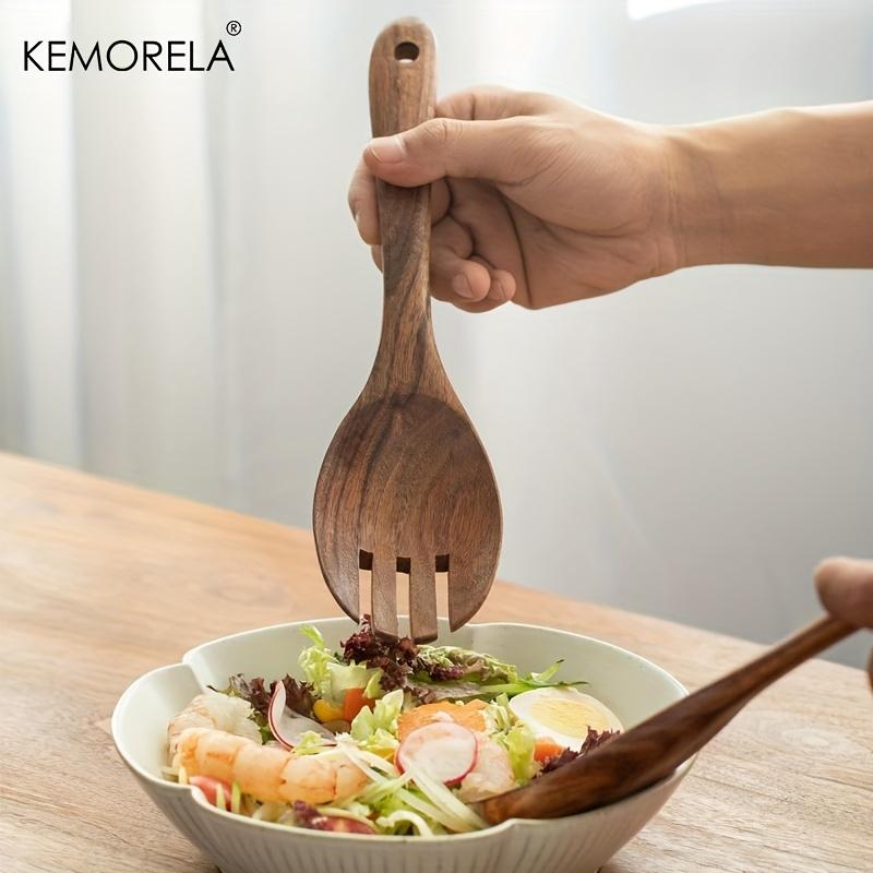 Akaciaträ Salladsbestick Set med 2 Långskaftad Sked Och Gaffel Set för Blandning Hållbara KöksServeringsverktyg