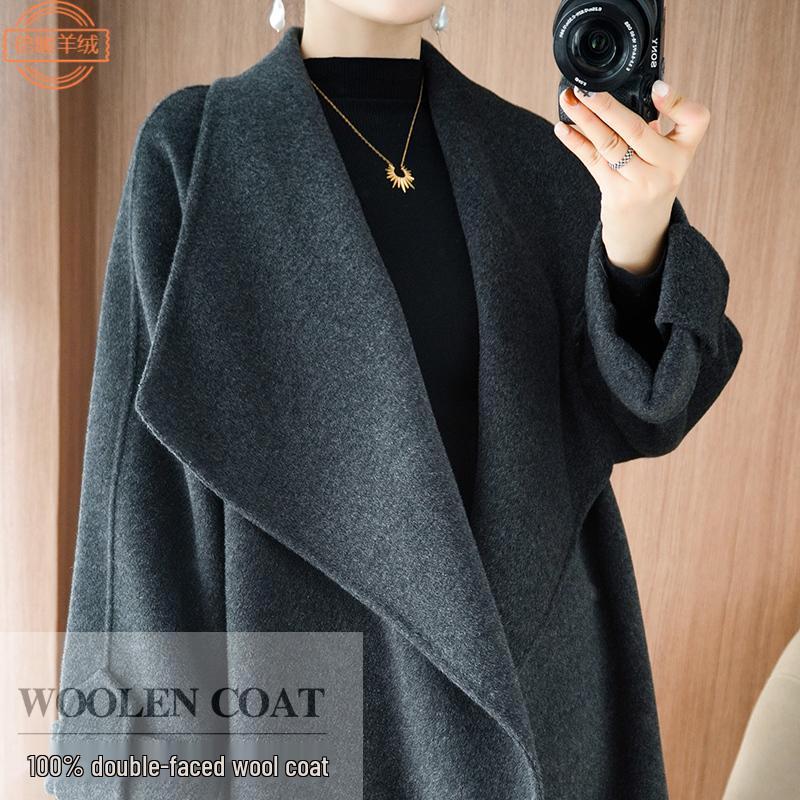 

Women s Oversized Red Wool Coat with Classic Hepburn Tie-Belt and Double-Faced Collar Small