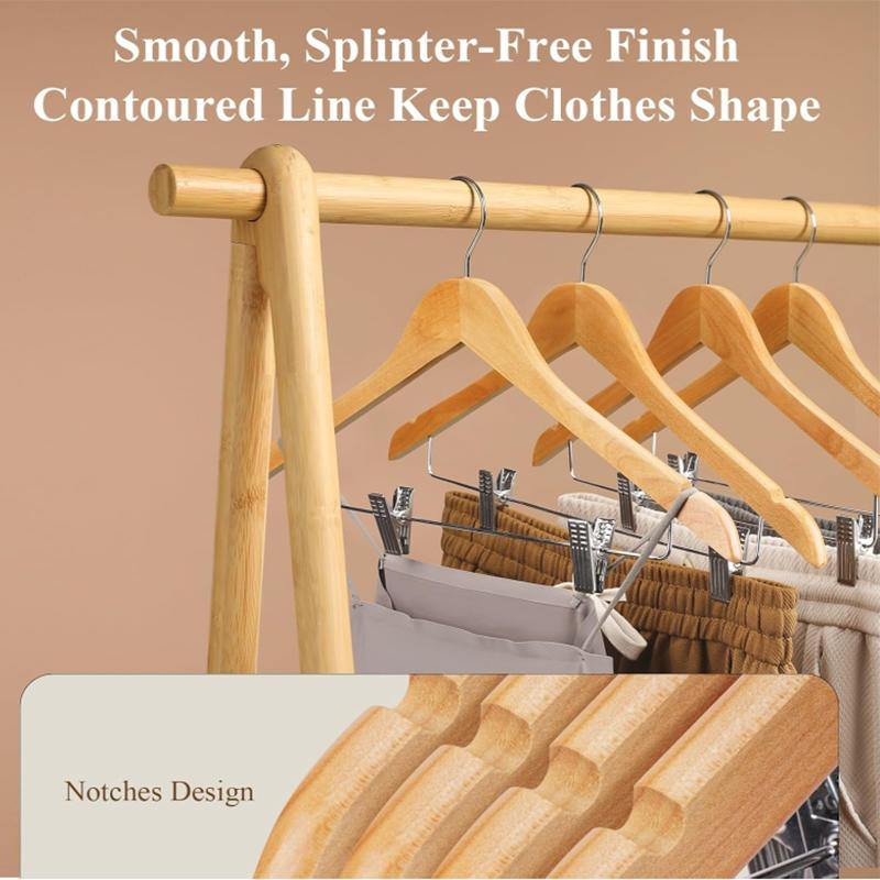 5pcs Wooden Hangers with Adjustable Clips,Solid Wood Pants Organizer for Blouse Dress Jacket,Natural Smooth Non-slip Skirts Rack
