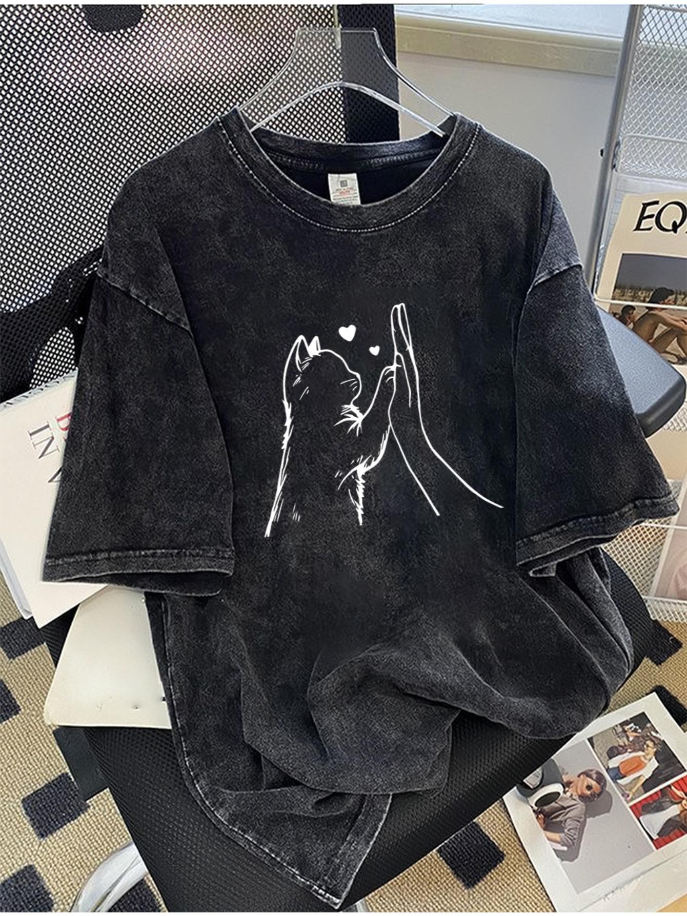 

Mens Tshirt Summer Cotton Breathable Retro Washed Simple Design Pet Cat Print Loose Comfortable Casual Outdoor Daily Wear S