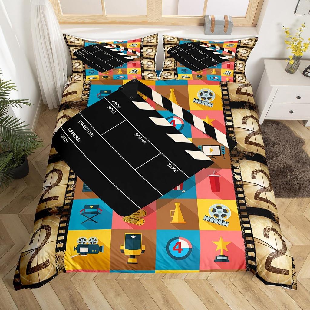 Movie Themed Bedding Set Full Queen for Boys Girls Family Home Theater Decor Vintage Comforter Cover Film Theme Duvet Cover Set