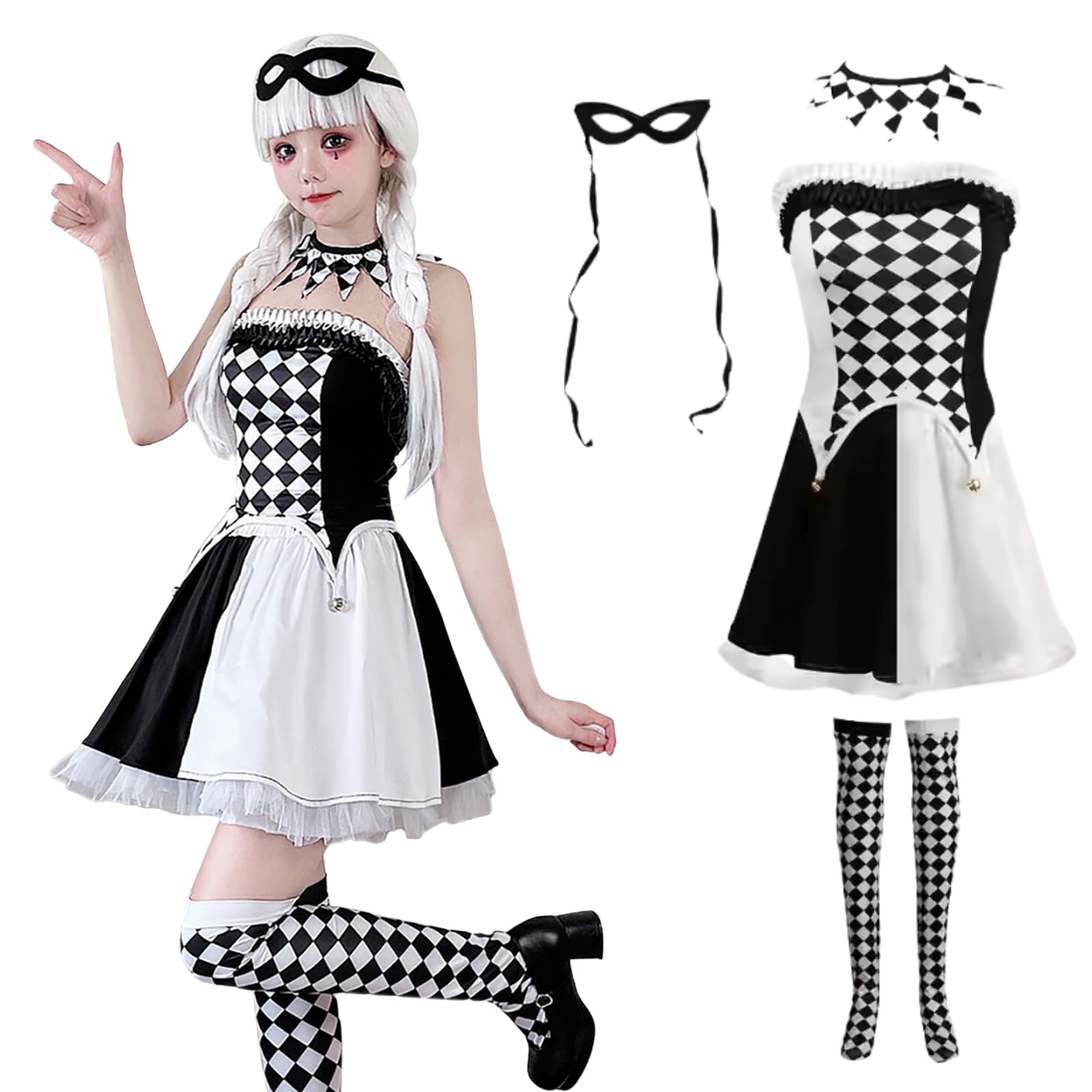 

Clown Cosplay Halloween Black and White Checkered Monochrome Clown [Milky Time] Costume, Pattern,