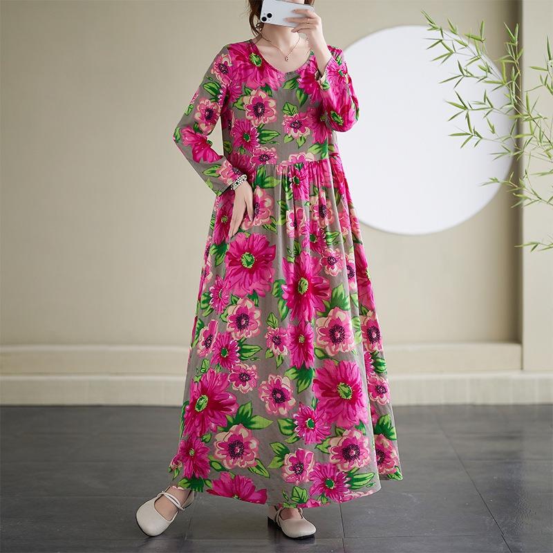 Dress A Variety of Color Holiday Style Travel Round Neck Vintage Flesh-covered Cotton Hemp Long Dress