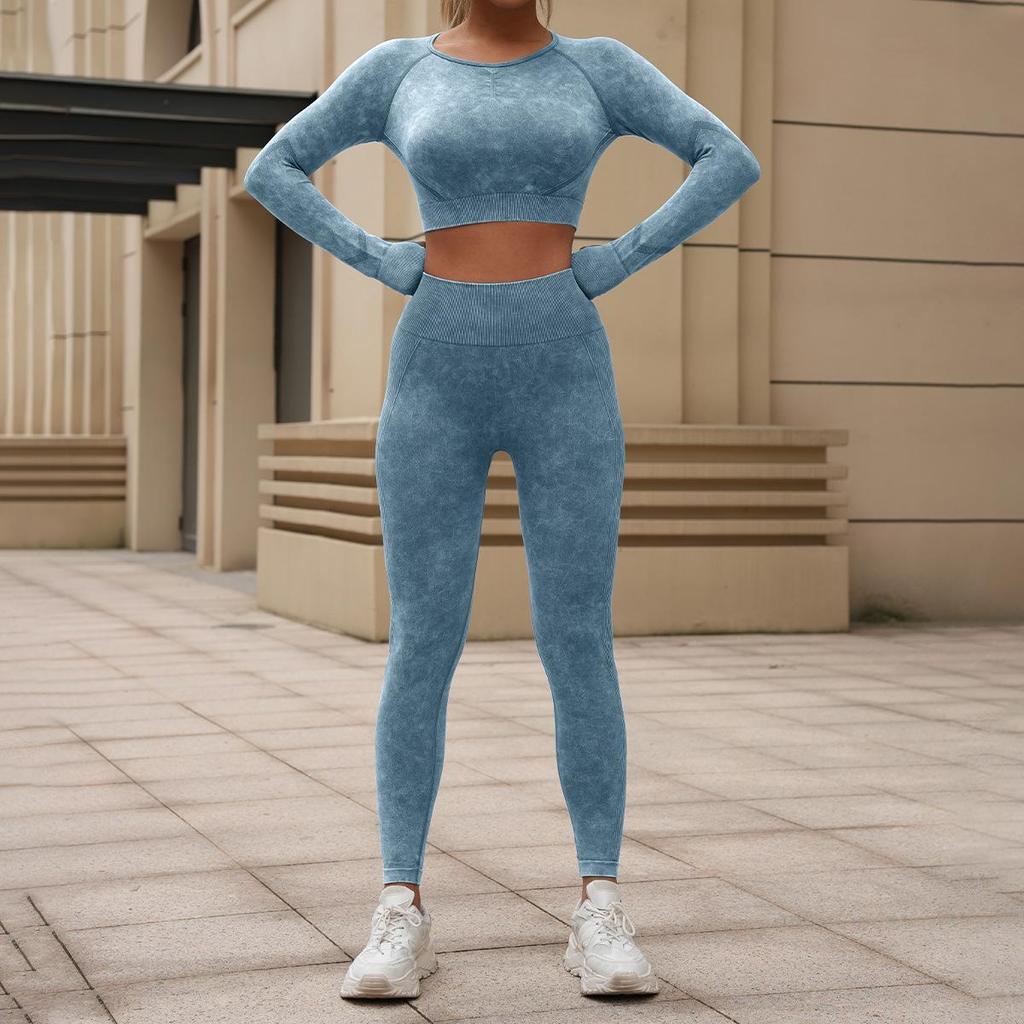 Women's European & American Washed Yoga Set: Long Sleeve Top and Slim Fit Pants, Two-Piece Fitness Outfit.