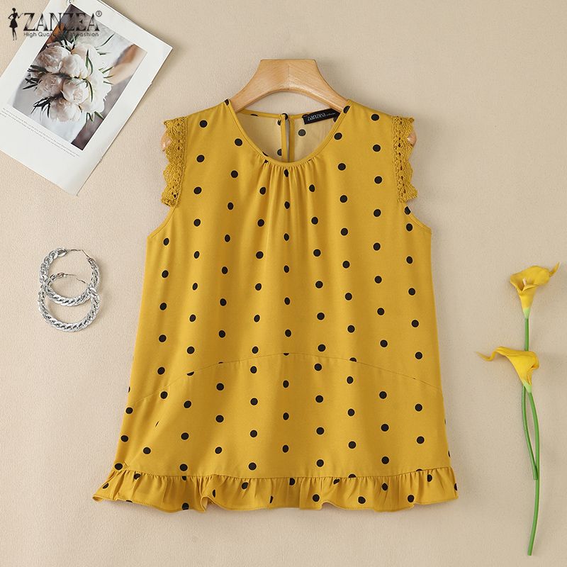 ZANZEA Women Summer Casual Polka Dot Print Loose Sleeveless Tank Tops